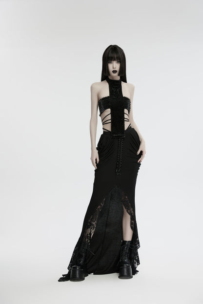 Black Off Shoulder Lace Lace-Up Slim Studded Buckled Women's Gothic Corset