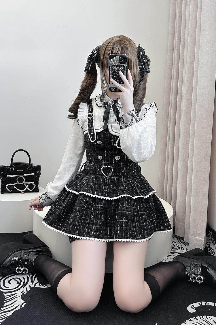 Black Plaid Printed Pearl-Decorated Sweet Jirai Kei Japanese Strap Dress Set