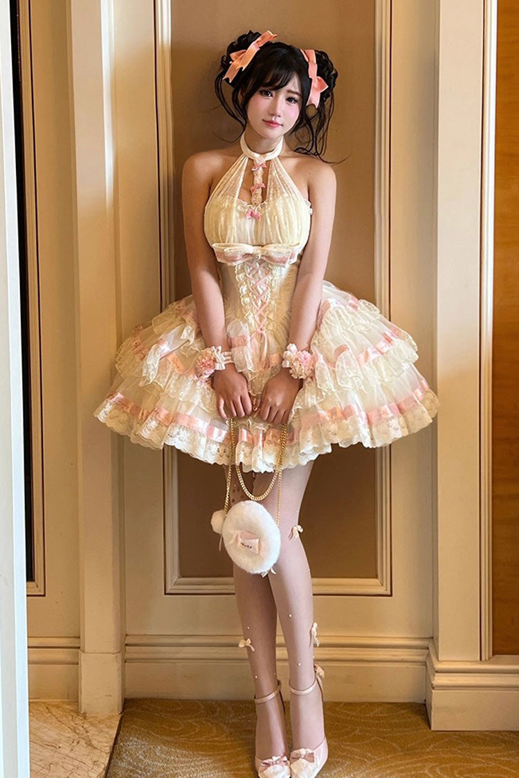 Beige [Ballet Dream] Halterneck Triple-Layered Ruffle Bowknot Lace-Up Sweet Princess Lolita Dress