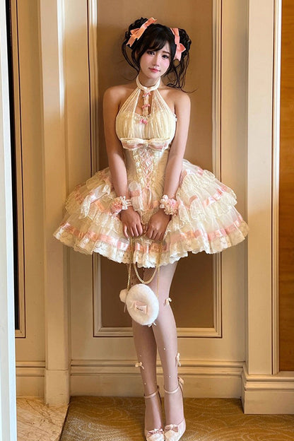 Beige [Ballet Dream] Halterneck Triple-Layered Ruffle Bowknot Lace-Up Sweet Princess Lolita Dress