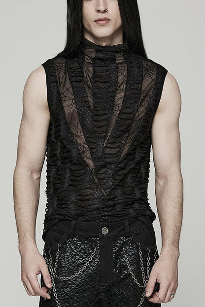 Black High Collar Hollow Spider Mesh Ripped Asymmetric Mens Gothic Vest