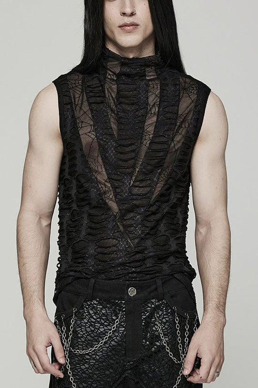 Black High Collar Hollow Spider Mesh Ripped Asymmetric Mens Gothic Vest