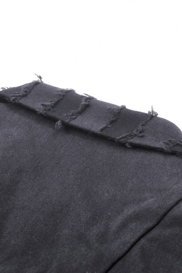 Black Peak Lapel Collar Long Sleeves Irregular Distressed Women's Gothic Punk Coat with Belt