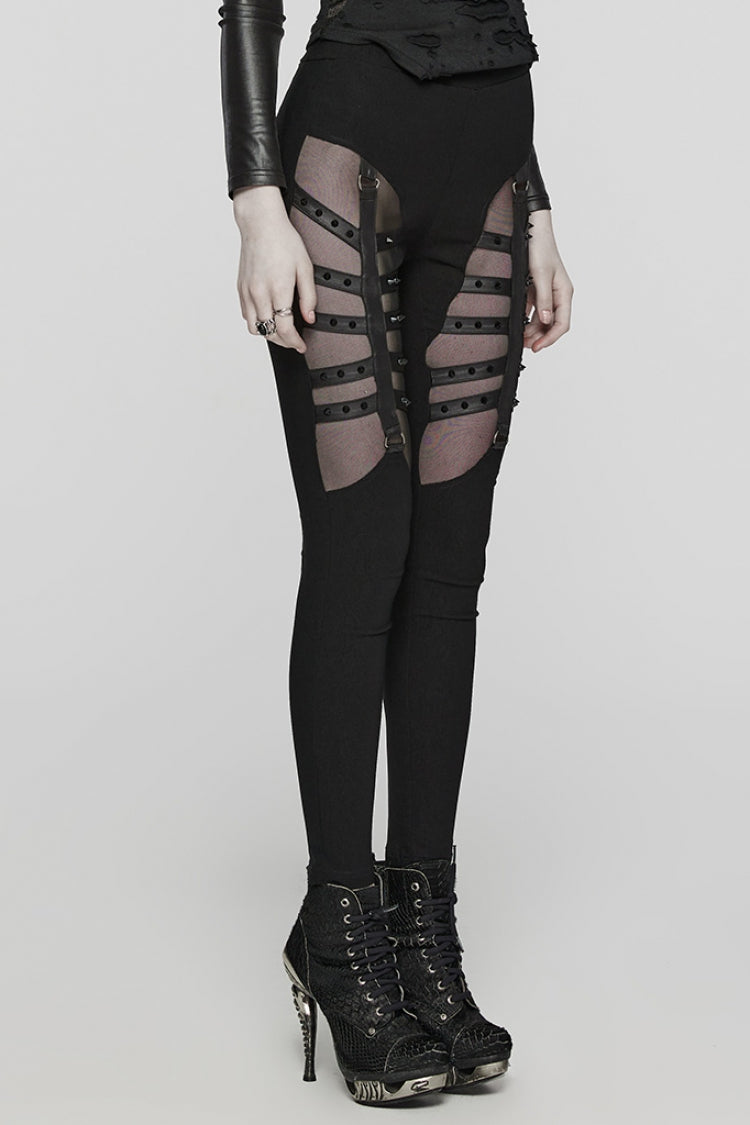 Black Hollow Lace-Up Mesh Metal Rivets Women's Steampunk Leggings