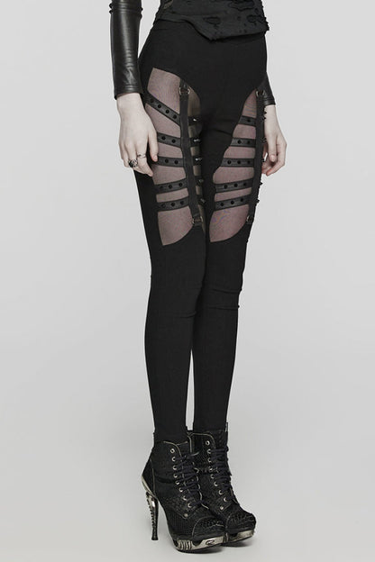 Black Hollow Lace-Up Mesh Metal Rivets Women's Steampunk Leggings