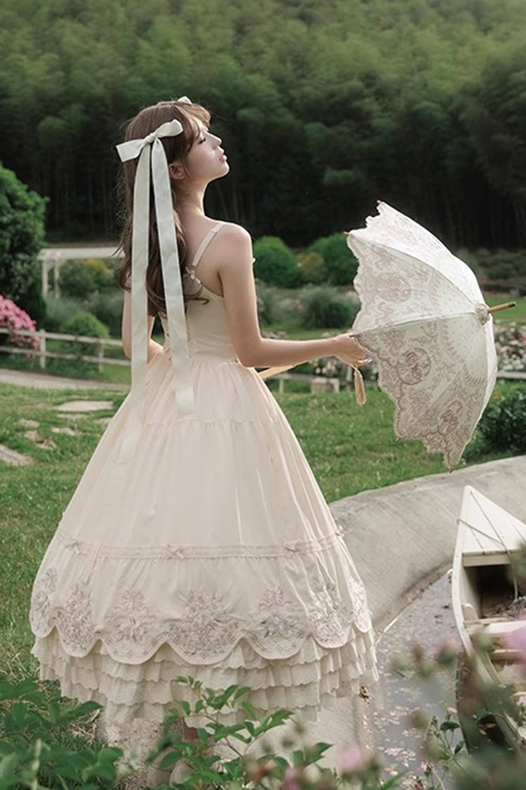 Apricot [Fantasy Butterfly] Triple-Layered Ruffle Embroidery Bowknot Lace Sweet Princess Lolita Jsk Dress