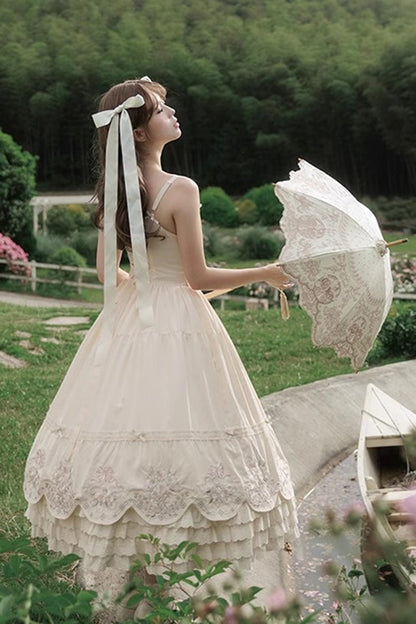 Apricot [Fantasy Butterfly] Triple-Layered Ruffle Embroidery Bowknot Lace Sweet Princess Lolita Jsk Dress