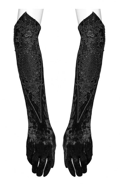 Black Floral Embroidery Lace-Up Women's Gothic Gloves