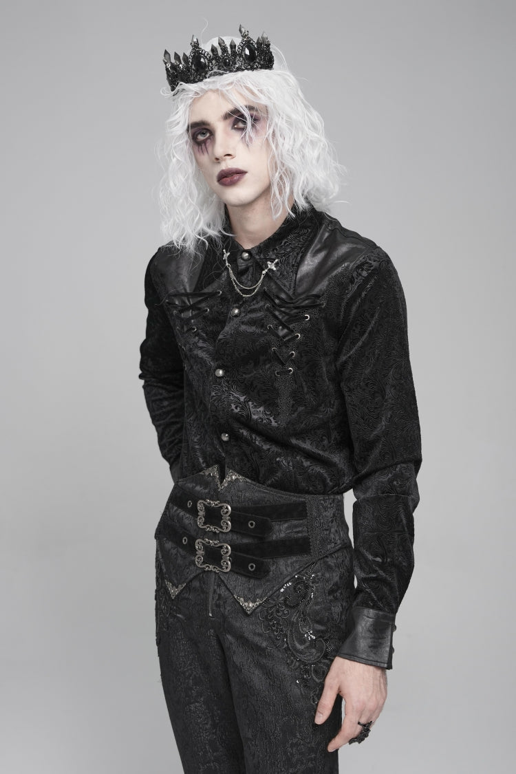 Black Lapel Collar Long Sleeves Print Embroidery Lace-Up Men's Gothic Blouse