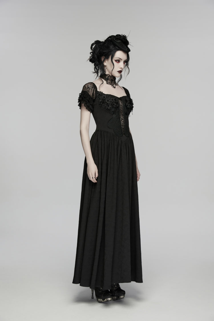 Black Off Shoulder Short Puff Sleeves Ruffled Hanayome Embroidered Lace Women's Gothic Elegant Gorgeous Dress