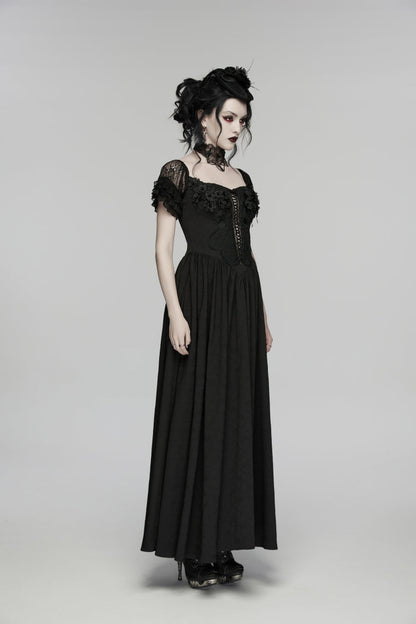 Black Off Shoulder Short Puff Sleeves Ruffled Hanayome Embroidered Lace Women's Gothic Elegant Gorgeous Dress