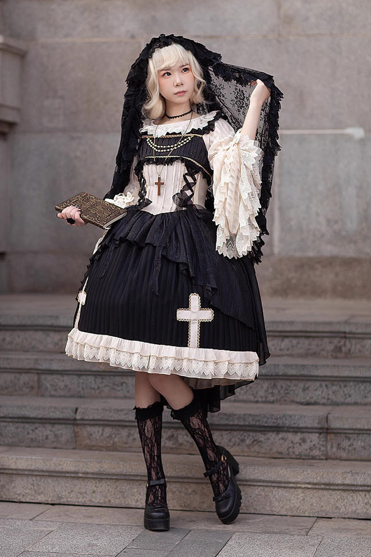 Black Eternal Life Song Print Cross Embroidery Sleeveless Ruffle Gothic Lolita Dress