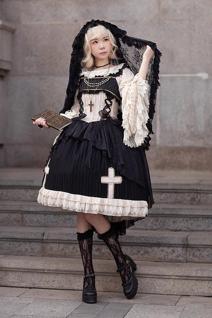Black Eternal Life Song Print Cross Embroidery Sleeveless Ruffle Gothic Lolita Dress