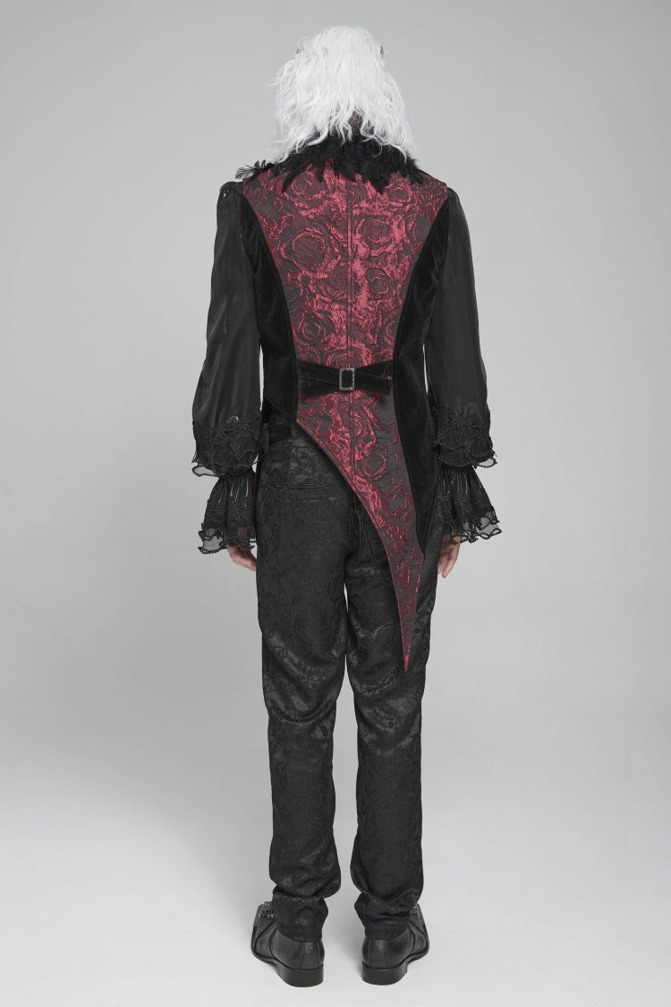 Black Long Sleeves Rose Print Irregular Contrast Color Men's Gothic Vest with Detachable Feather Accessory