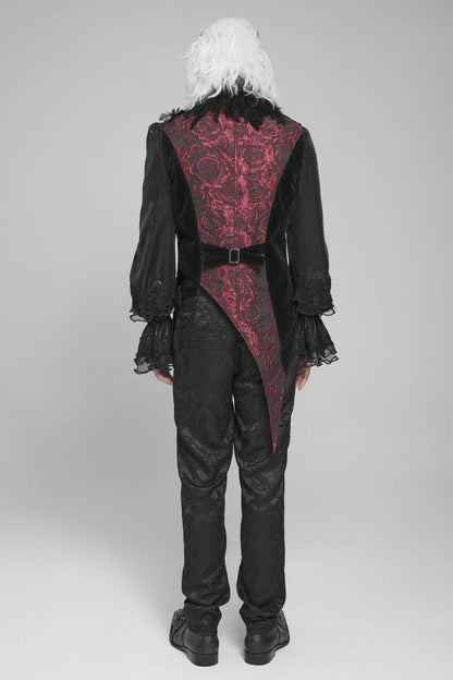 Black Long Sleeves Rose Print Irregular Contrast Color Men's Gothic Vest with Detachable Feather Accessory