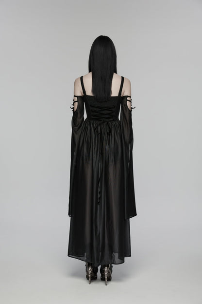 Black Off Shoulder Long Sleeves Embroidered Lace-Up Women's Gothic Elegant Dress Wedding Dress