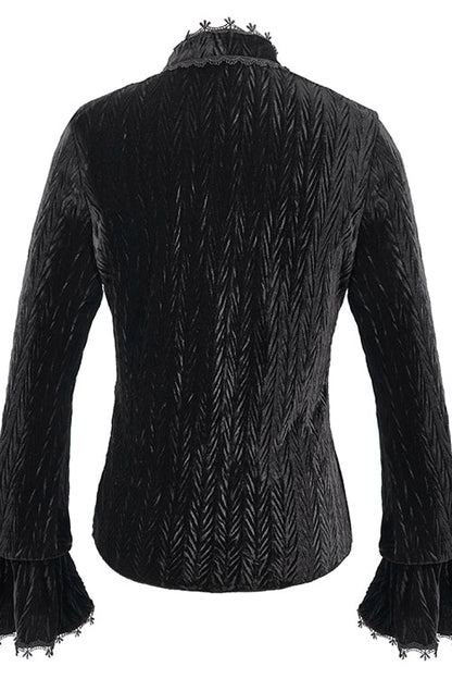Black Pleated Velvet Trumpet Sleeves Womens Gothic Blouse