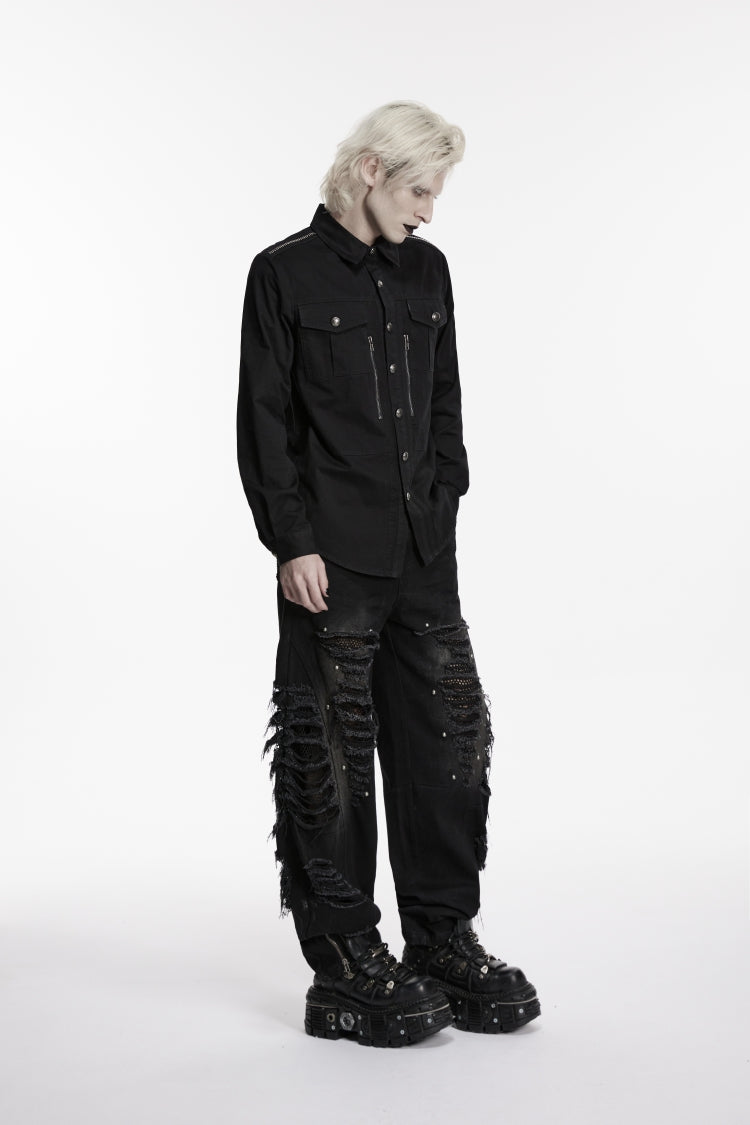Black Lapel Collar Long Sleeves Zippered Men's Punk Cool Shirt