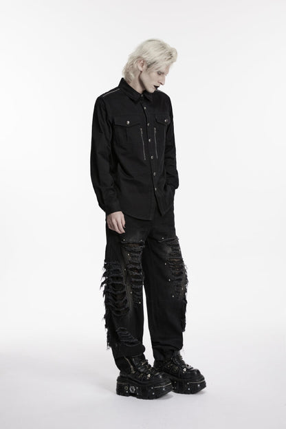 Black Lapel Collar Long Sleeves Zippered Men's Punk Cool Shirt