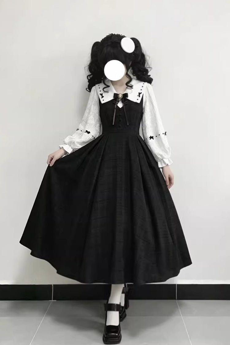 Black Lapel Collar Long Sleeves Ruffled Bow Sweet Lolita Jumper Dress Set