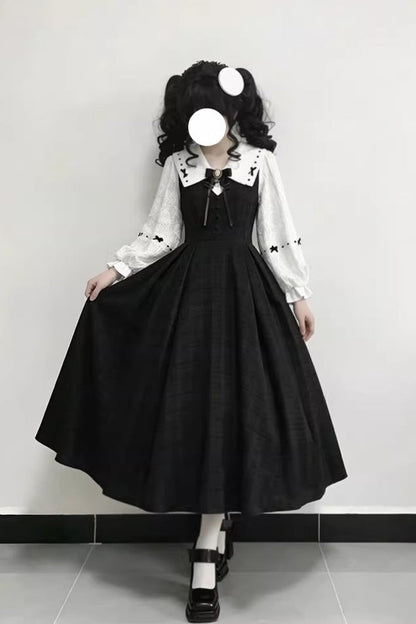 Black Lapel Collar Long Sleeves Ruffled Bow Sweet Lolita Jumper Dress Set
