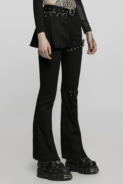 Black Hollow Lace Slim Detachable Belt Women's Steampunk Flared Leggings