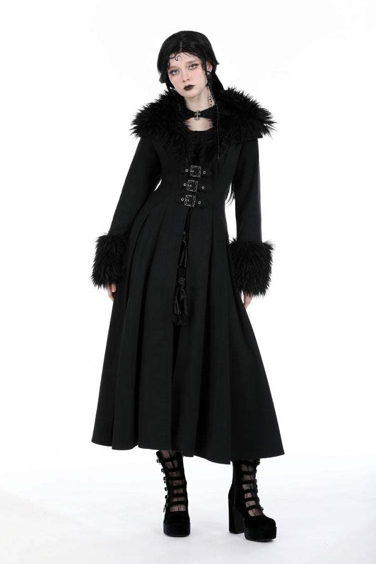 Black Long Sleeves Lace-Up Buckled Women's Gothic Draped Coat with Faux Fur Collar