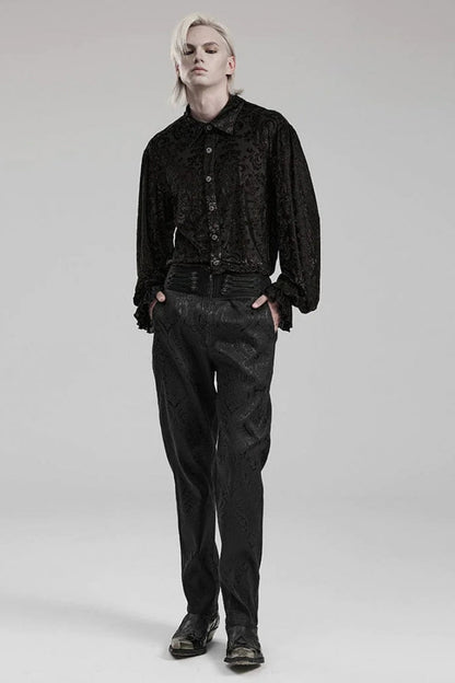 Black Lapel Collar Long Trumpet Sleeves Bronzing Pattern Print Mens Gothic Gorgeous Blouse
