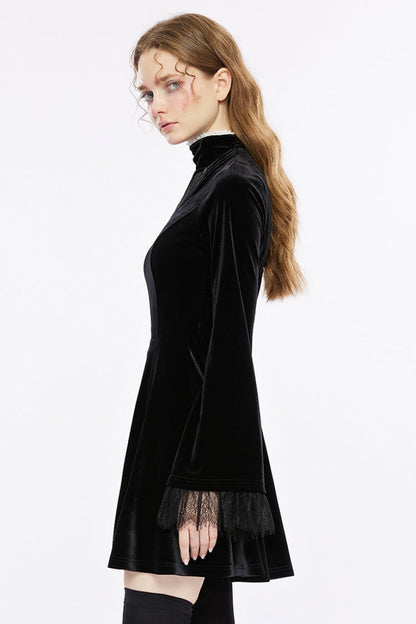 Black Long Trumpet Sleeves Hollow Lace Women's Gothic Dress
