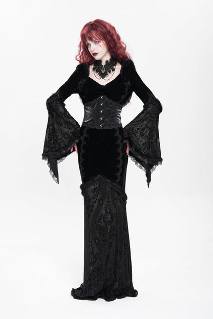 Black Long Trumpet Sleeves Embroidery Stitching Lace Hooded Mesh Women's Gothic Dress