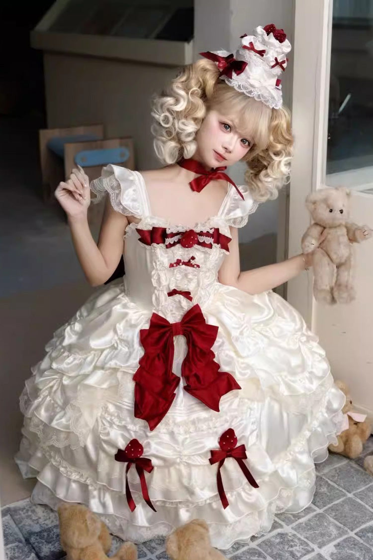 Apricot [Berry Endless] Square Collar Sleeveless Multi-Layered Ruffled Embroidered Bow Lace Sweet Lolita Jsk Dress