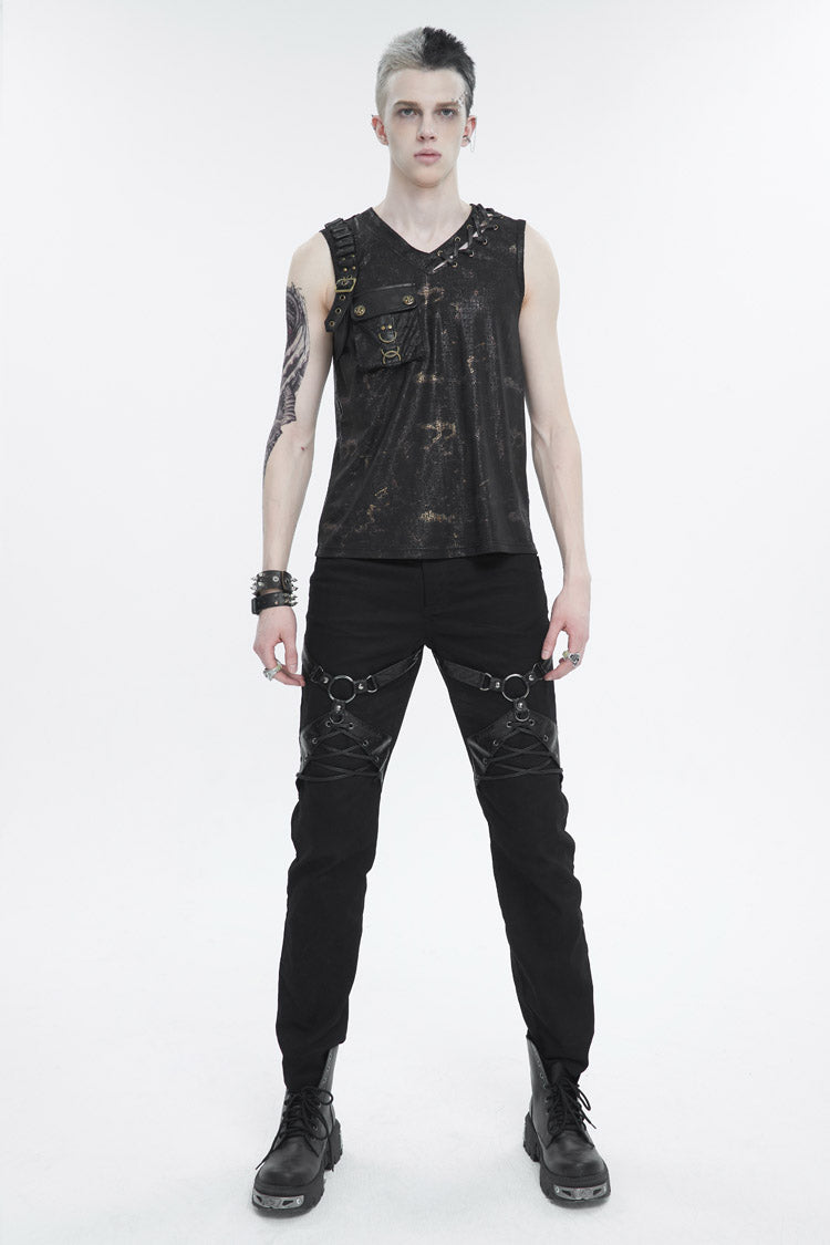 Black Personalized Print Big Pocket Buckle Men's Punk Tank Top
