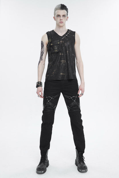 Black Personalized Print Big Pocket Buckle Men's Punk Tank Top