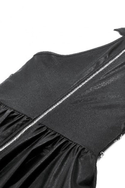 Black Halterneck Zippered Chain-Decorated Eyelet Women's Punk Faux Leather Dress