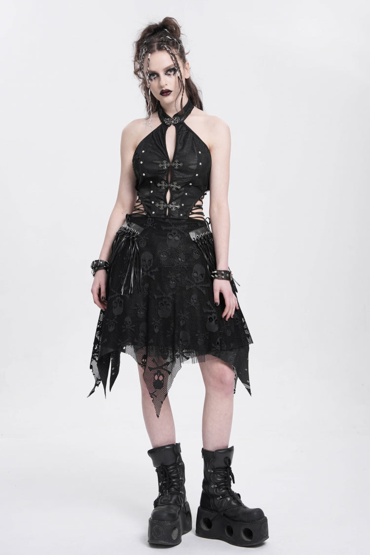 Black Halterneck Sleeveless Skull Print Irregular Women's Punk Dress