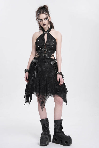 Black Halterneck Sleeveless Skull Print Irregular Women's Punk Dress
