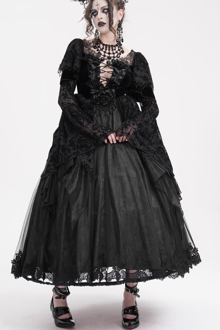 Black Crochet Long Sleeves Hanayome Lace Women's Gothic Dress