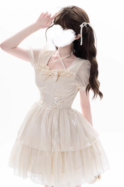 Apricot [Prussian Legend] Short Sleeves Multi-Layered Jacquard Ruffle Bowknot Sweet Lolita Dress