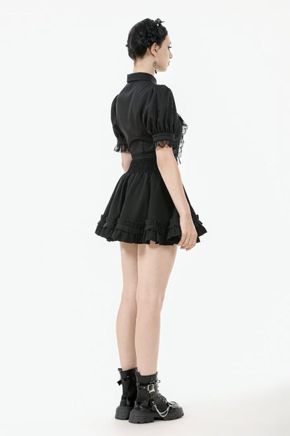Black Point Lapel Collar Short Puff Sleeves Women's Gothic Blouse with Removable Rosette Cravat