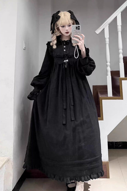 Black Long Sleeves Ruffle Bowknot Lace Gothic Lolita Home Wear Nightdress