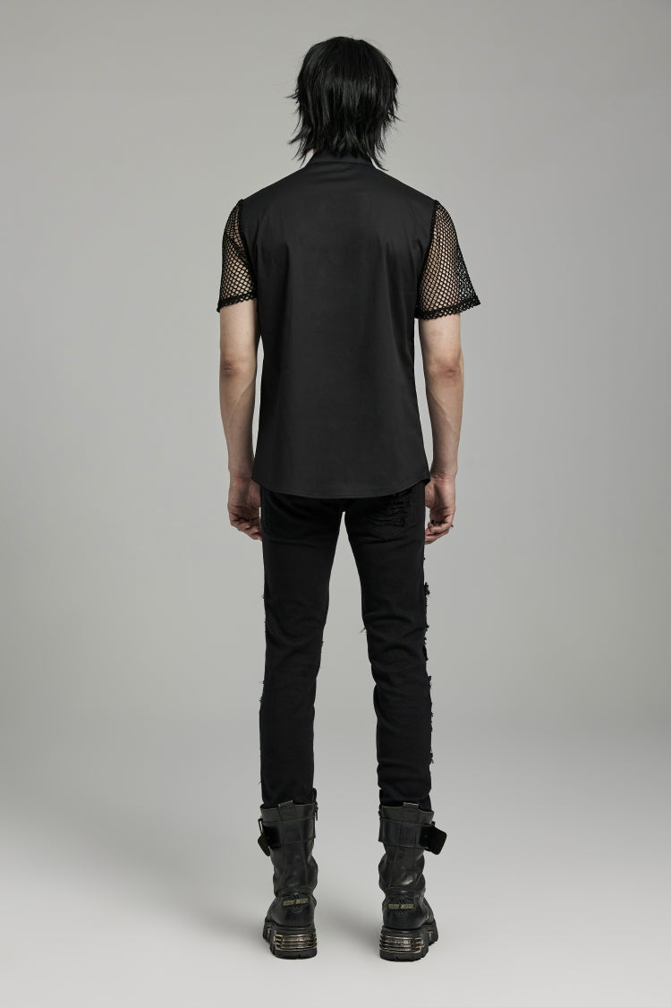 Black Lapel Collar Short Sleeves Mesh Stitching Men's Punk Blouse