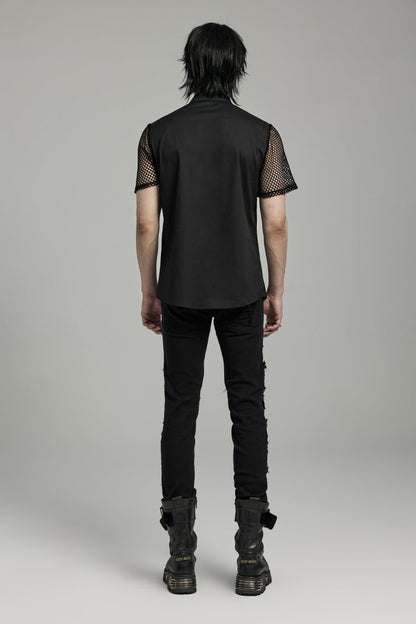 Black Lapel Collar Short Sleeves Mesh Stitching Men's Punk Blouse