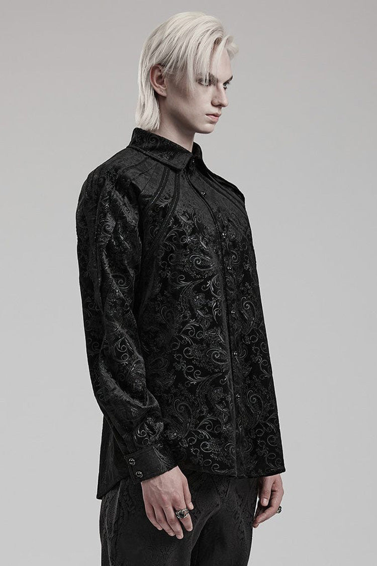 Black Long Sleeves Dark Pattern Print Webbing Decoration Mens Gothic Blouse