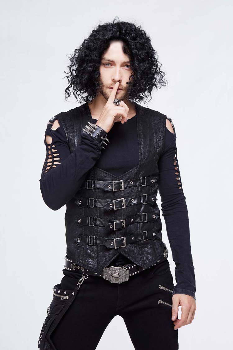 Black Jacquard Splice Heat Seal Backing Chest Loop Lace Up Men's Punk Waistcoat