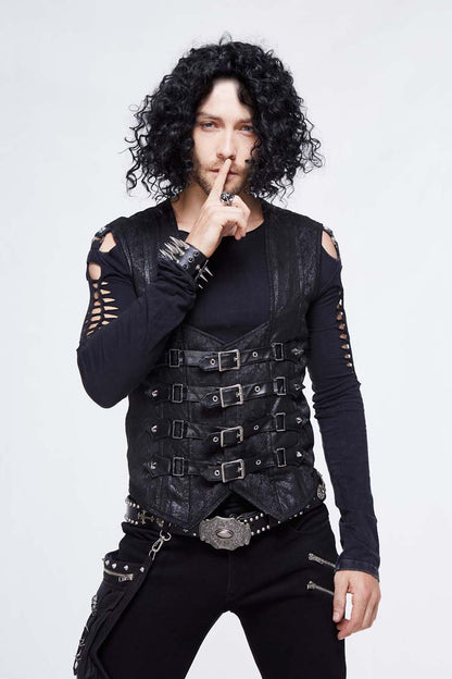 Black Jacquard Splice Heat Seal Backing Chest Loop Lace Up Men's Punk Waistcoat