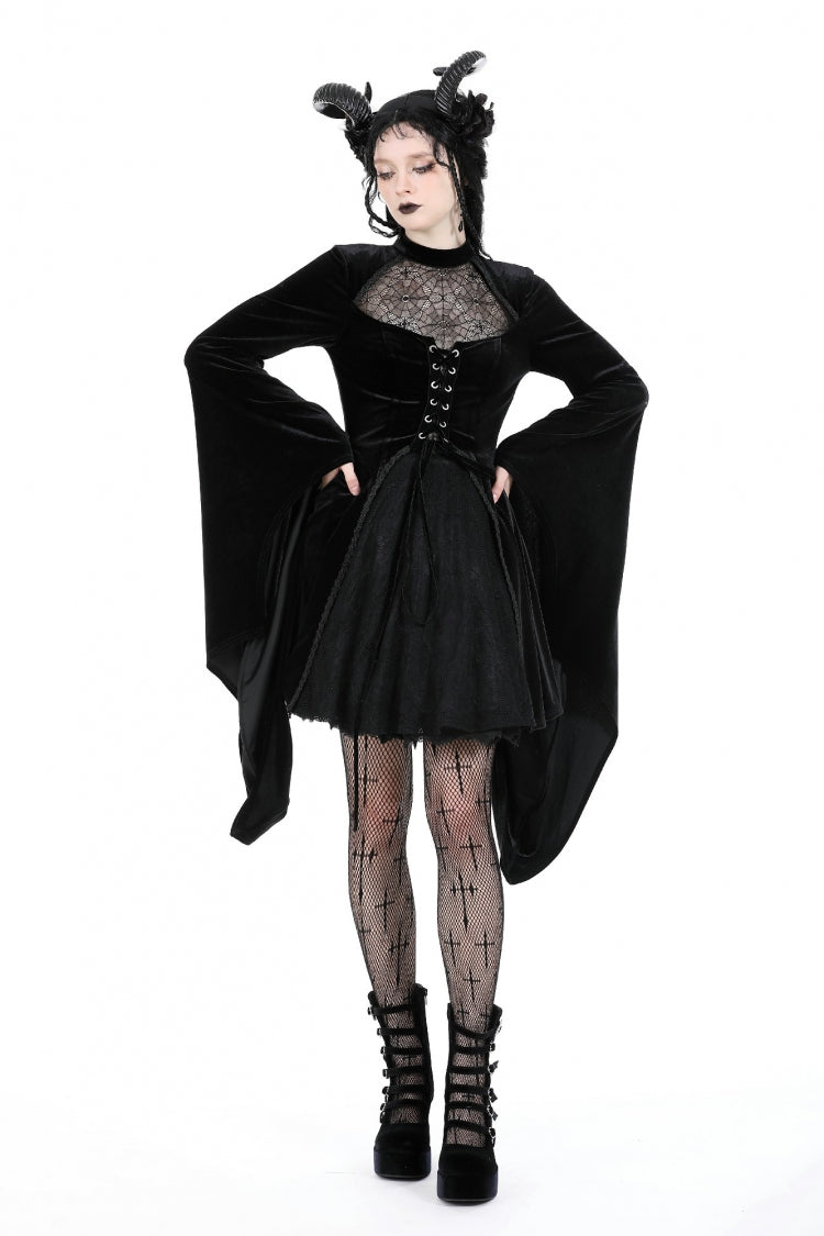Black Long Trumpet Sleeves Spliced Lace-Up Spider Mesh Women's Gothic Velvet Wedding Dress