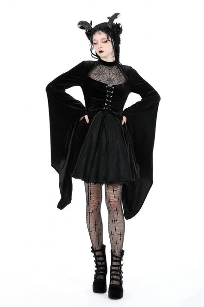Black Long Trumpet Sleeves Spliced Lace-Up Spider Mesh Women's Gothic Velvet Wedding Dress