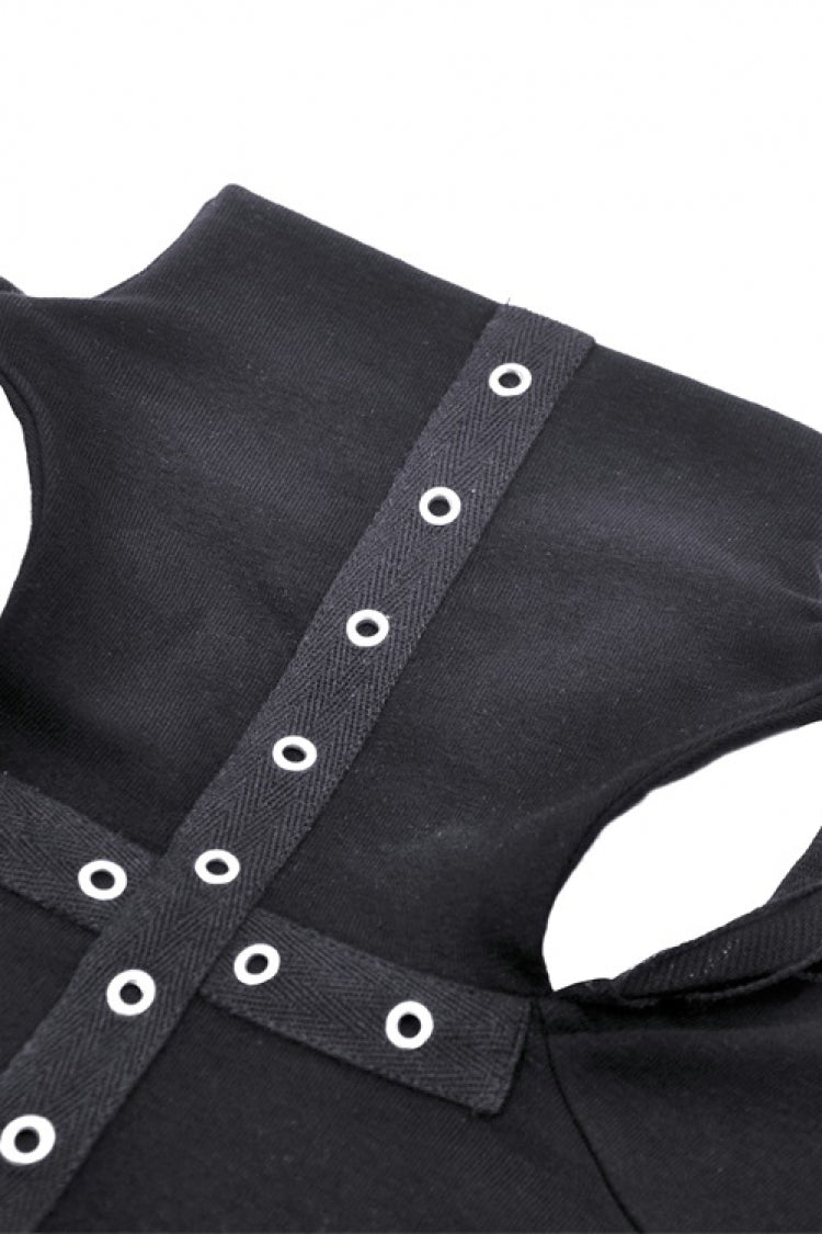 Black Metal Cross Eyelet Long Sleeves Cut-Out Women's Punk Crop Top with Ripped Hood