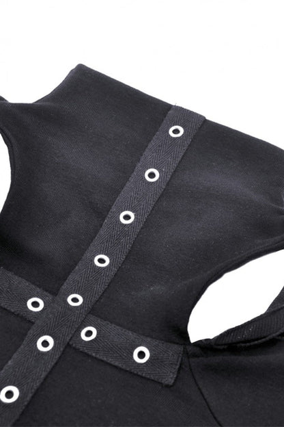 Black Metal Cross Eyelet Long Sleeves Cut-Out Women's Punk Crop Top with Ripped Hood