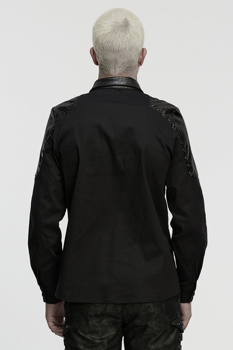 Black Lapel Collar Long Sleeves Stitching Eyelet Men's Punk Blouse